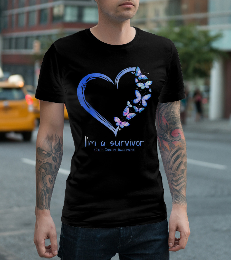 I'm A Survivor Blue Butterfly Heart Colon Cancer Awareness T-Shirt
