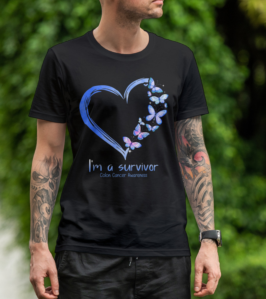 I'm A Survivor Blue Butterfly Heart Colon Cancer Awareness T-Shirt