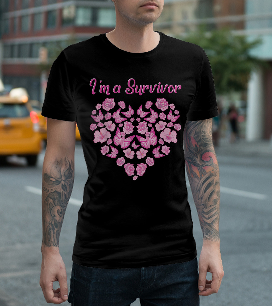 I'm A Survivor Pink Butterfly And Rose Heart T-Shirt