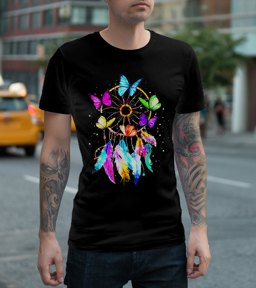 Dream Catcher with Colorful Butterflies and Feathers for Butterfly Lovers T-Shirt