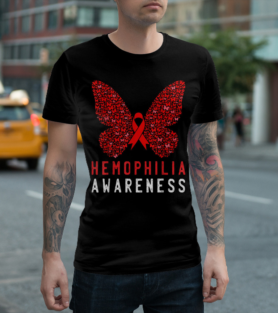 Hemophilia Awareness Butterfly Red Ribbon Support T-Shirt