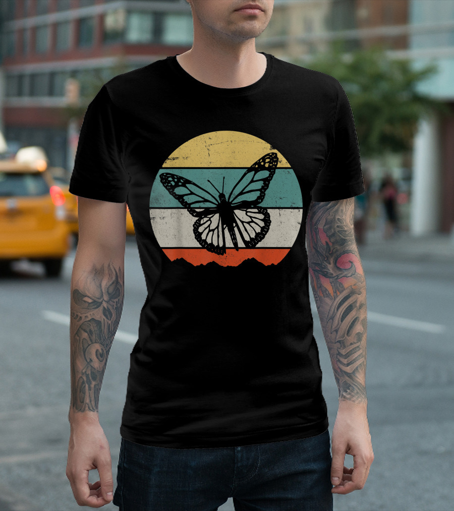 Butterfly Insect Vintage Stripes Circle T-Shirt