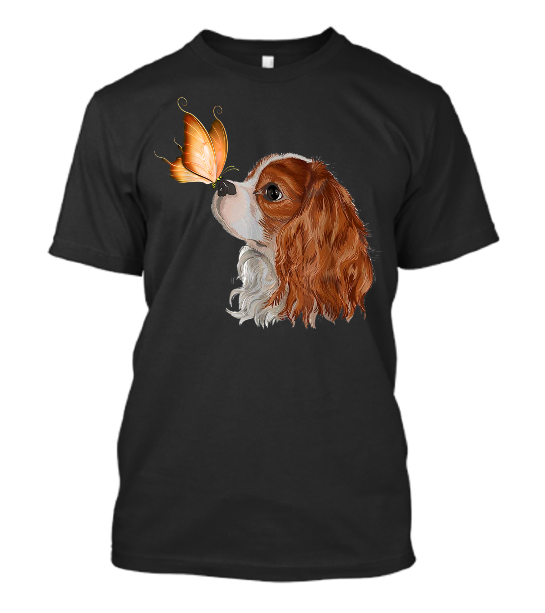 Cavalier King Charles Spaniel Nose To Nose With Orange Butterfly T-Shirt