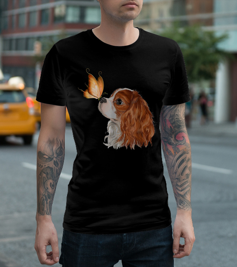 Cavalier King Charles Spaniel Nose To Nose With Orange Butterfly T-Shirt