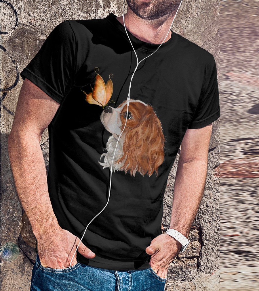 Cavalier King Charles Spaniel Nose To Nose With Orange Butterfly T-Shirt