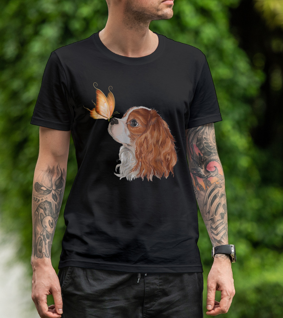 Cavalier King Charles Spaniel Nose To Nose With Orange Butterfly T-Shirt