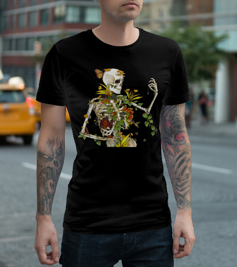 Cool Skeleton Plant Nature Flowers And Butterflies T-Shirt