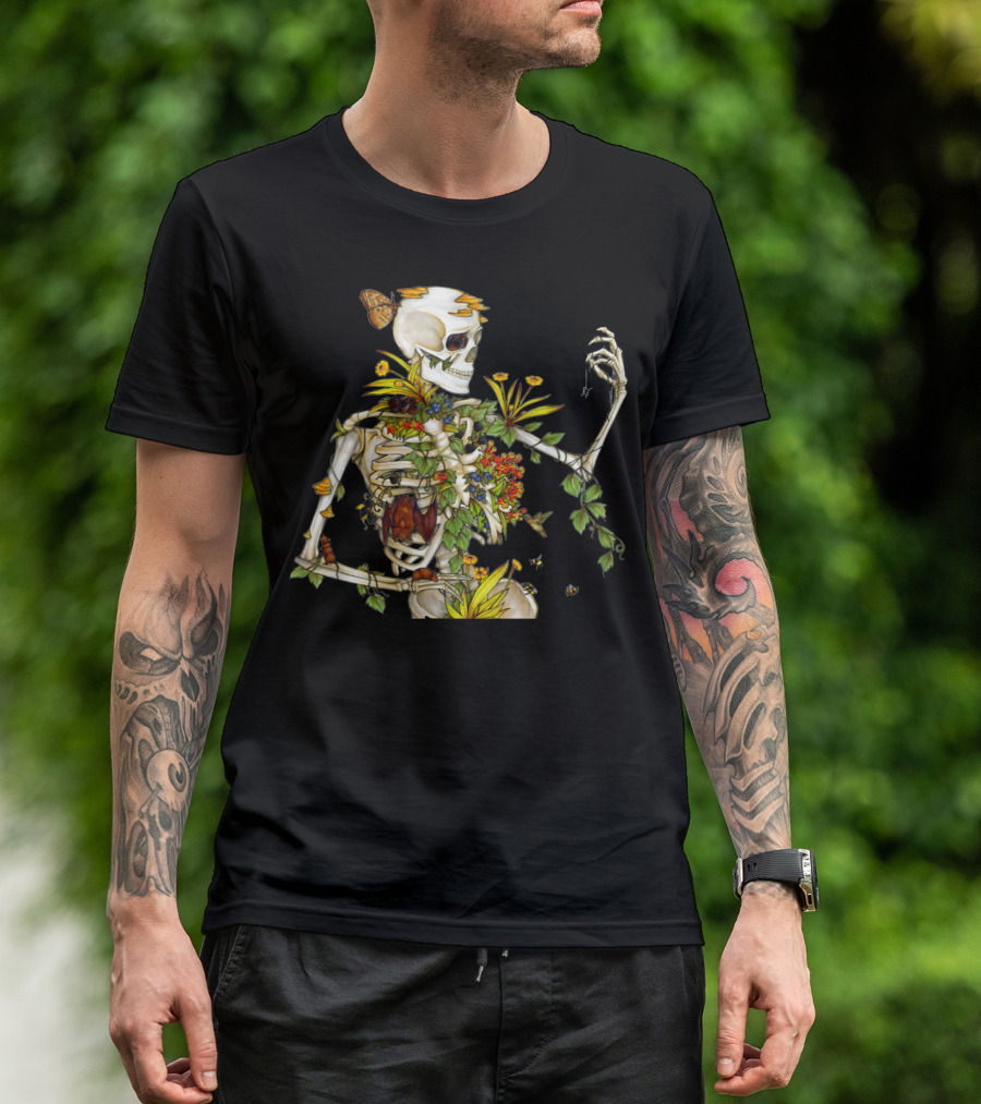 Cool Skeleton Plant Nature Flowers And Butterflies T-Shirt