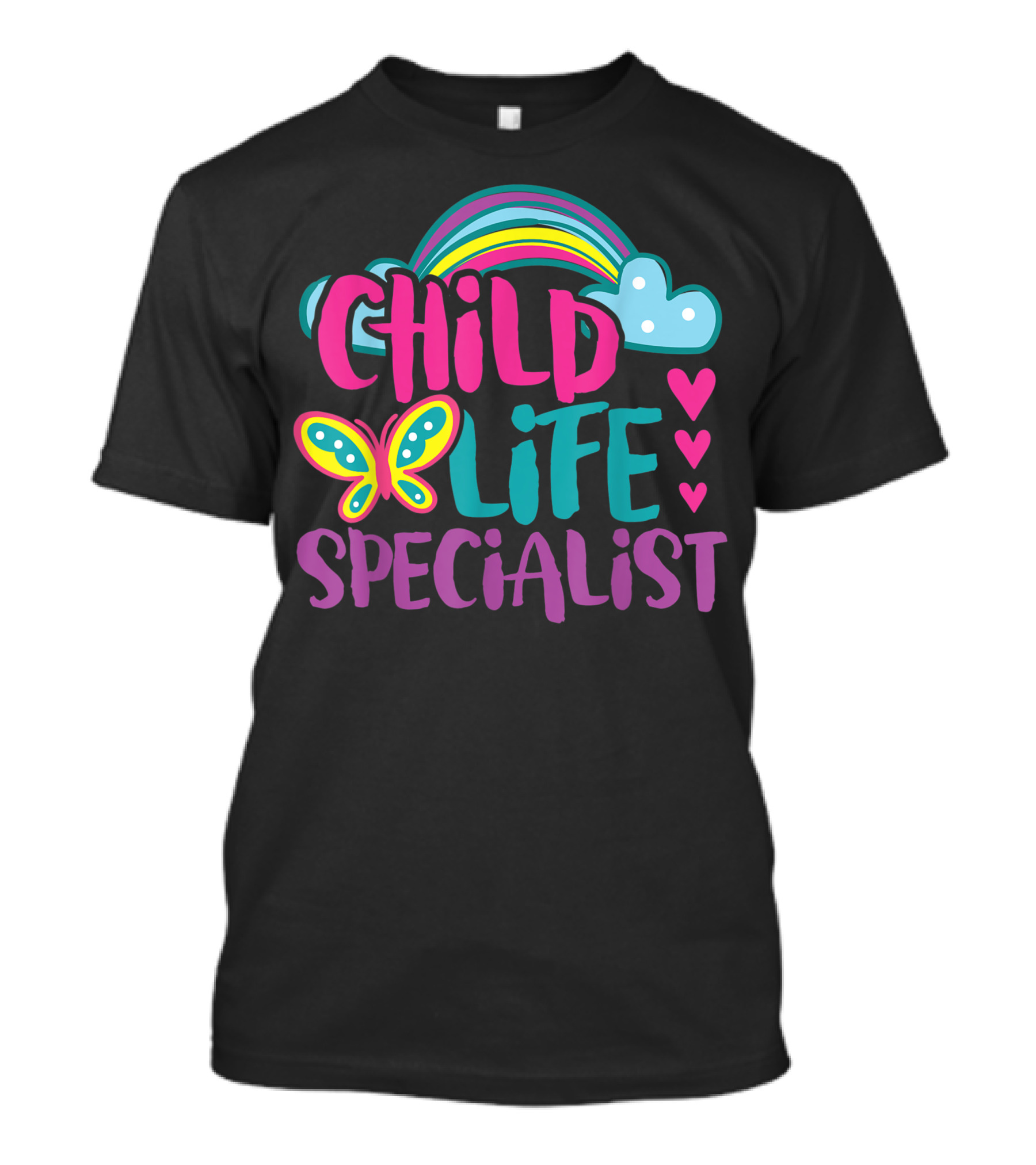Child Life Specialist Kids Rainbow Butterfly Hearts T-Shirt