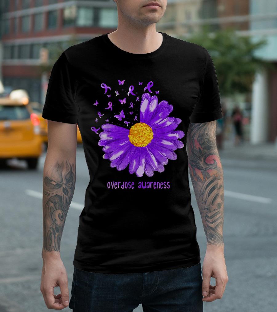 Daisy Butterfly Purple Ribbon Overdose Awareness Flower T-Shirt