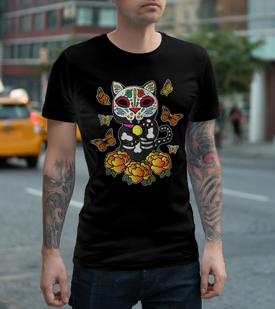 Dia De Los Muertos Sugar Skull Cat with Monarch Butterflies and Marigolds T-Shirt
