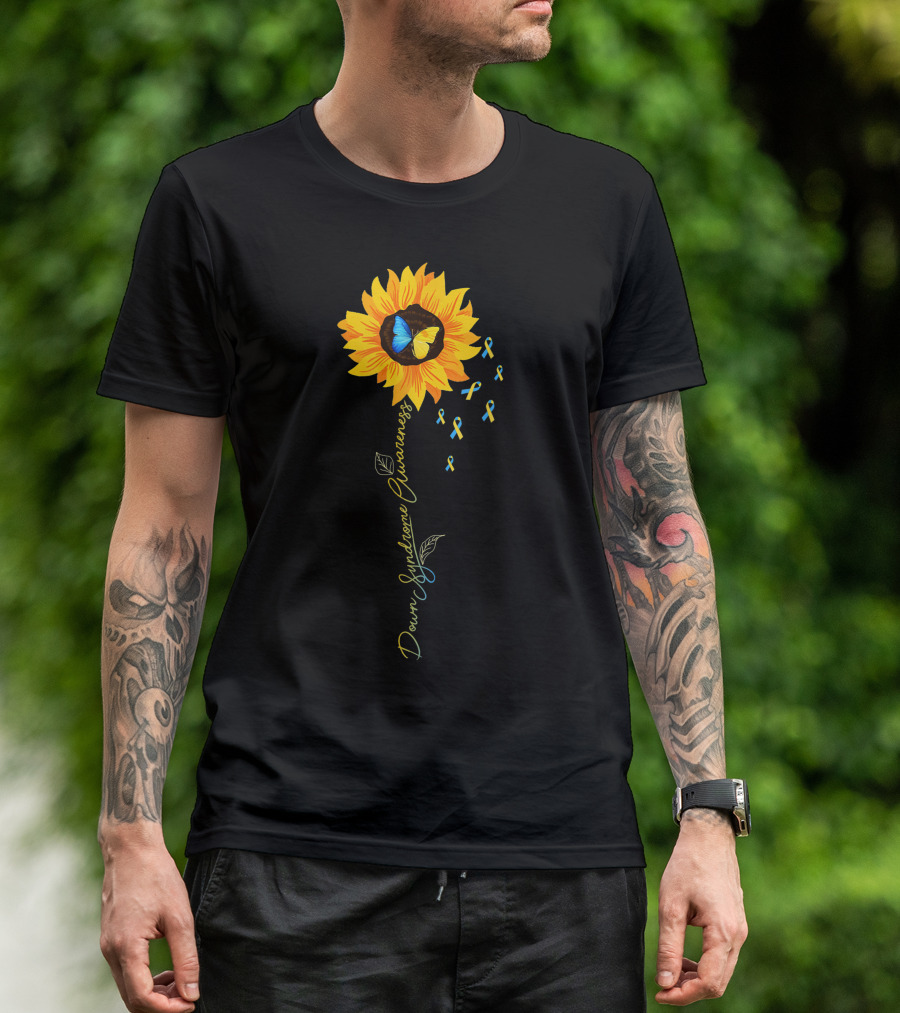 Down Syndrome Awareness Sunflower Butterfly With Ribbons T-Shirt