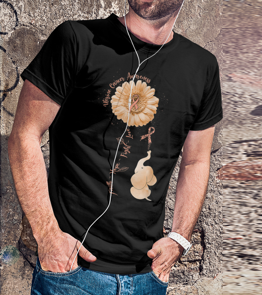 Uterine Cancer Awareness Faith Hope Fight Love Elephant Flower T-Shirt