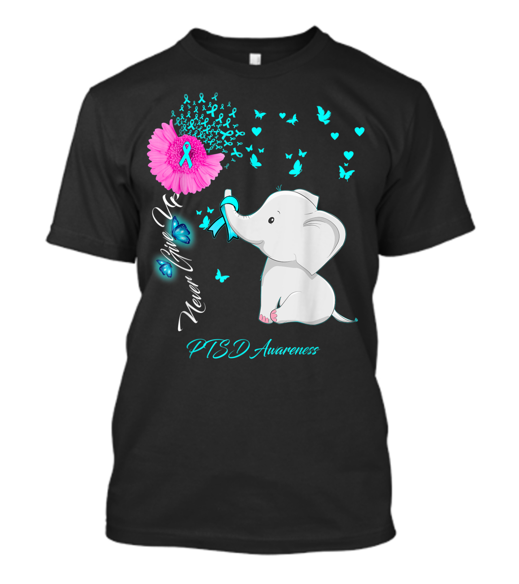 Never Give Up PTSD Awareness Elephant Butterfly T-Shirt