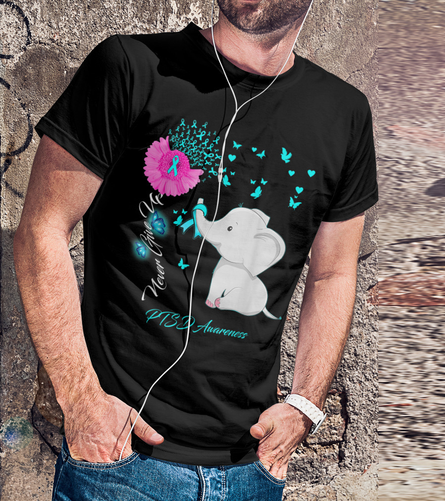 Never Give Up PTSD Awareness Elephant Butterfly T-Shirt