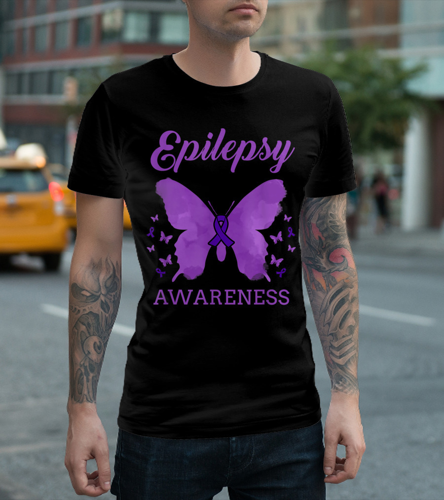 Epilepsy Awareness Purple Butterfly with Ribbon and Smaller Butterflies T-Shirt