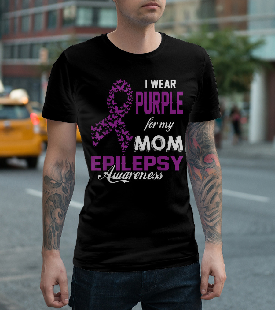 I Wear Purple for My Mom Epilepsy Awareness Butterfly T-Shirt