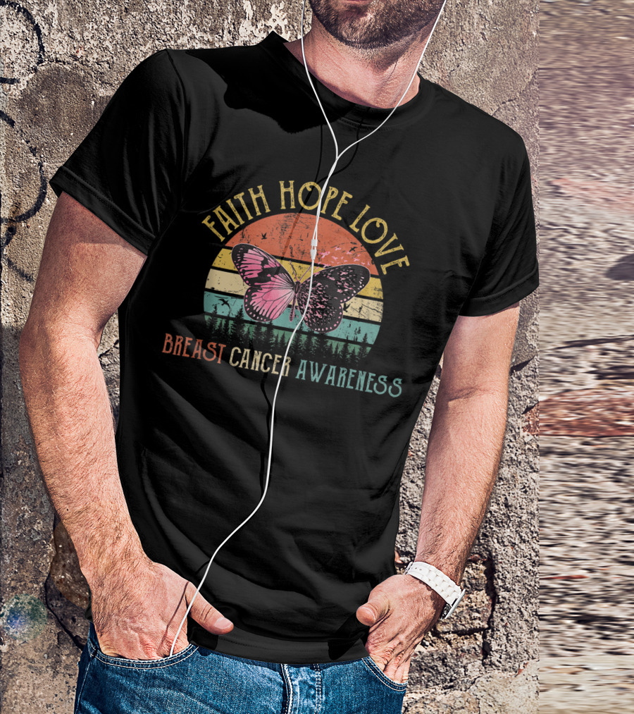 Faith Hope Love Vintage Pink Butterfly Breast Cancer Awareness Retro Sunset T-Shirt