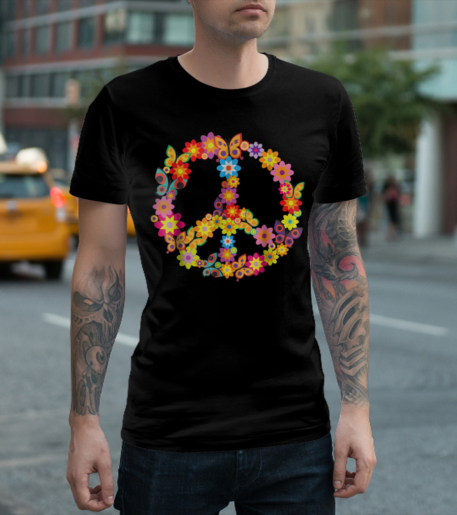 Groovy 70s Butterfly Flower Peace Symbol Costume Party T-Shirt