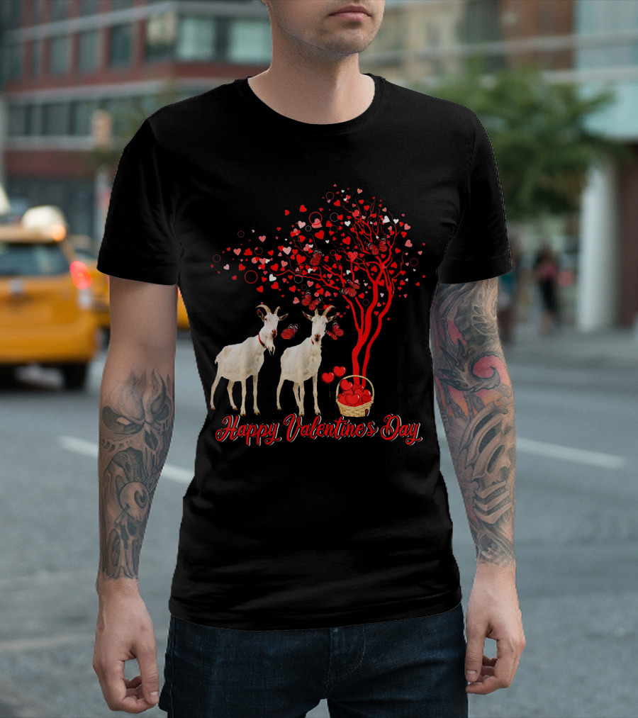 Happy Valentine's Day Goat Lover Butterfly Heart Tree T-Shirt