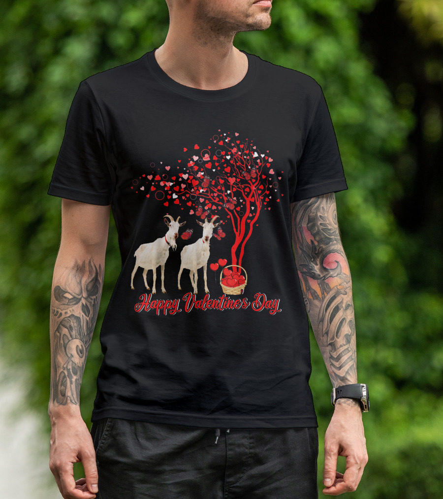 Happy Valentine's Day Goat Lover Butterfly Heart Tree T-Shirt