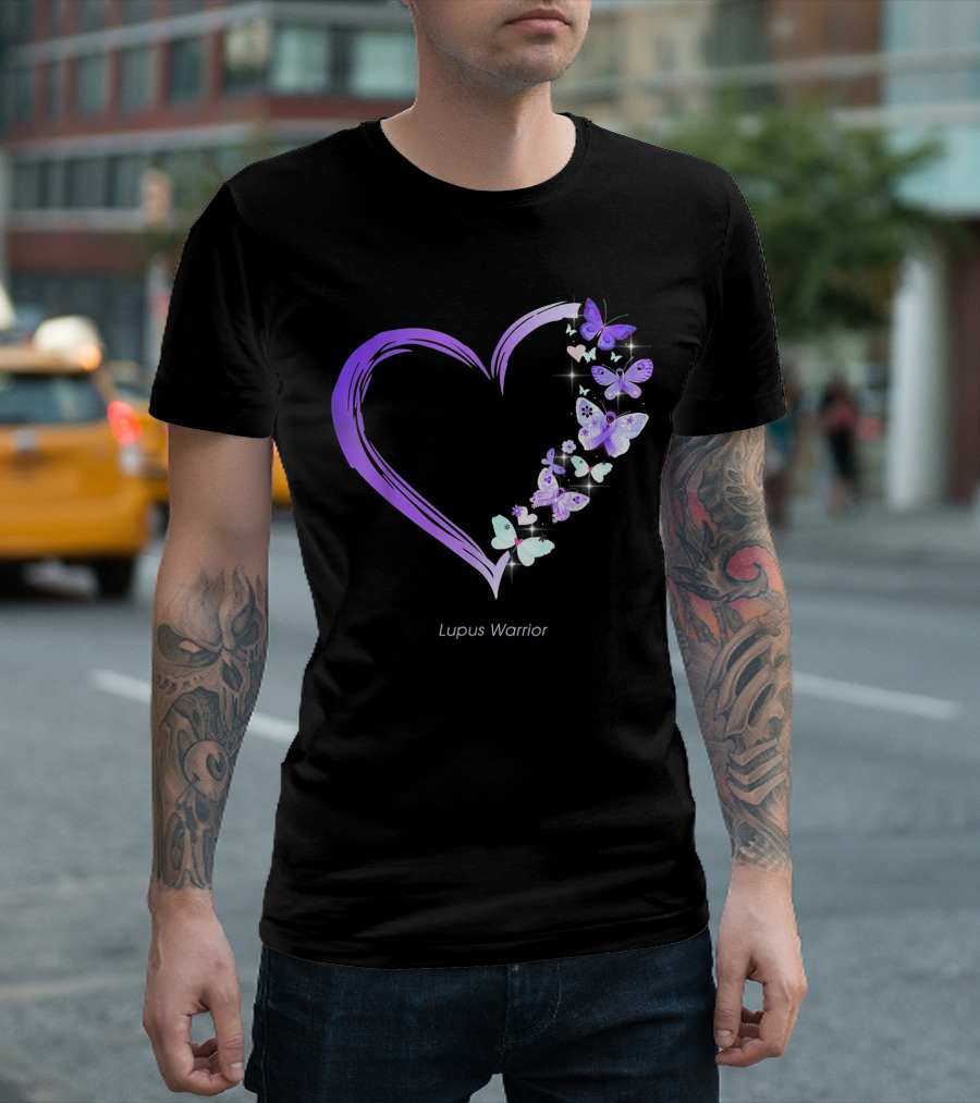 Lupus Warrior Heart with Purple Butterflies Lupus Awareness T-Shirt