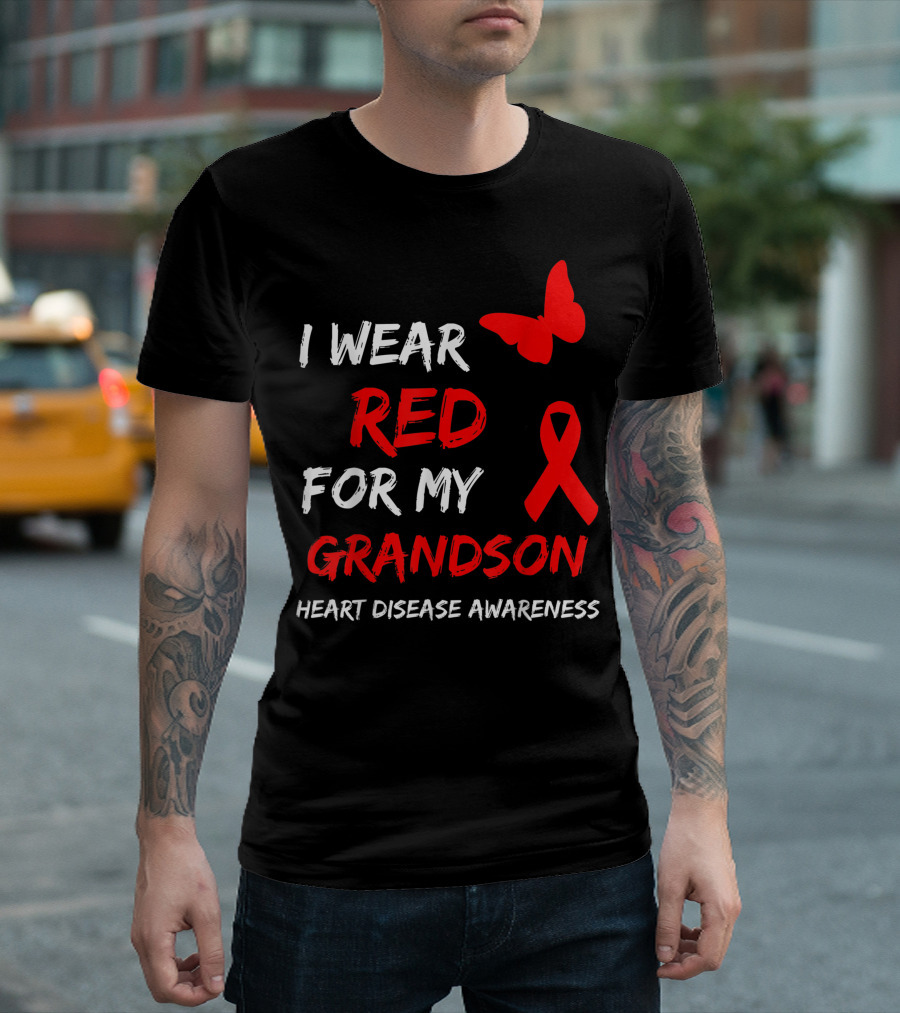 I Wear Red For My Grandson Heart Disease Awareness Ribbon Butterfly T-Shirt