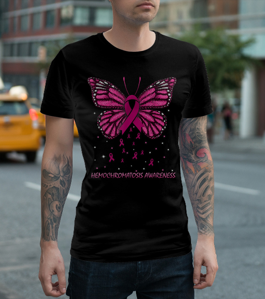 Hemochromatosis Awareness Pink Ribbon Butterfly with Stars T-Shirt