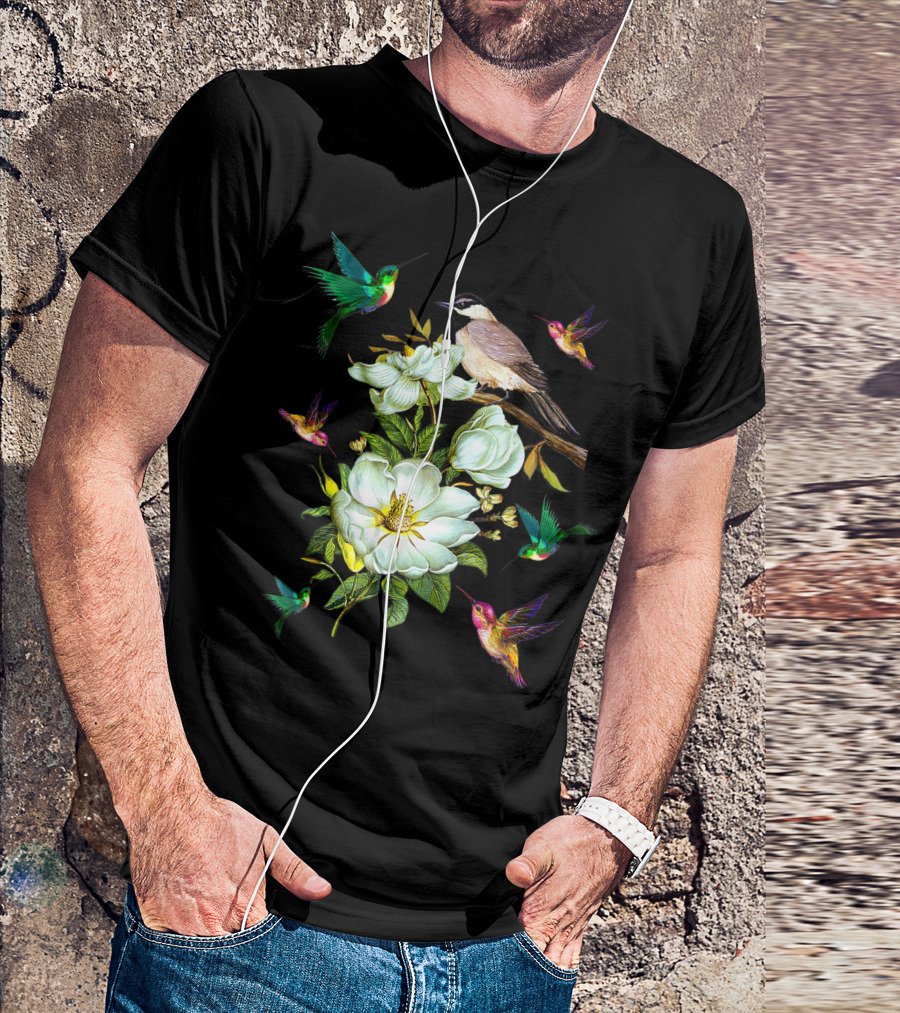 Hummingbird And White Flower Bouquet With Small Bird Lovers T-Shirt