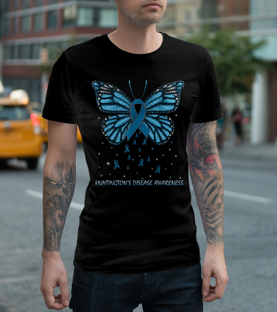 Huntington's Disease Awareness Blue Ribbon Butterfly with Stars T-Shirt