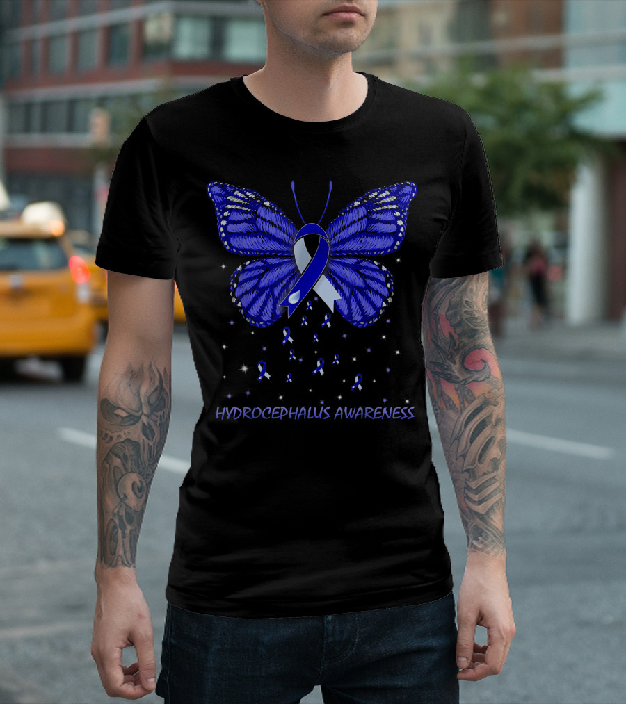 Hydrocephalus Awareness Blue Ribbon Butterfly with Stars T-Shirt