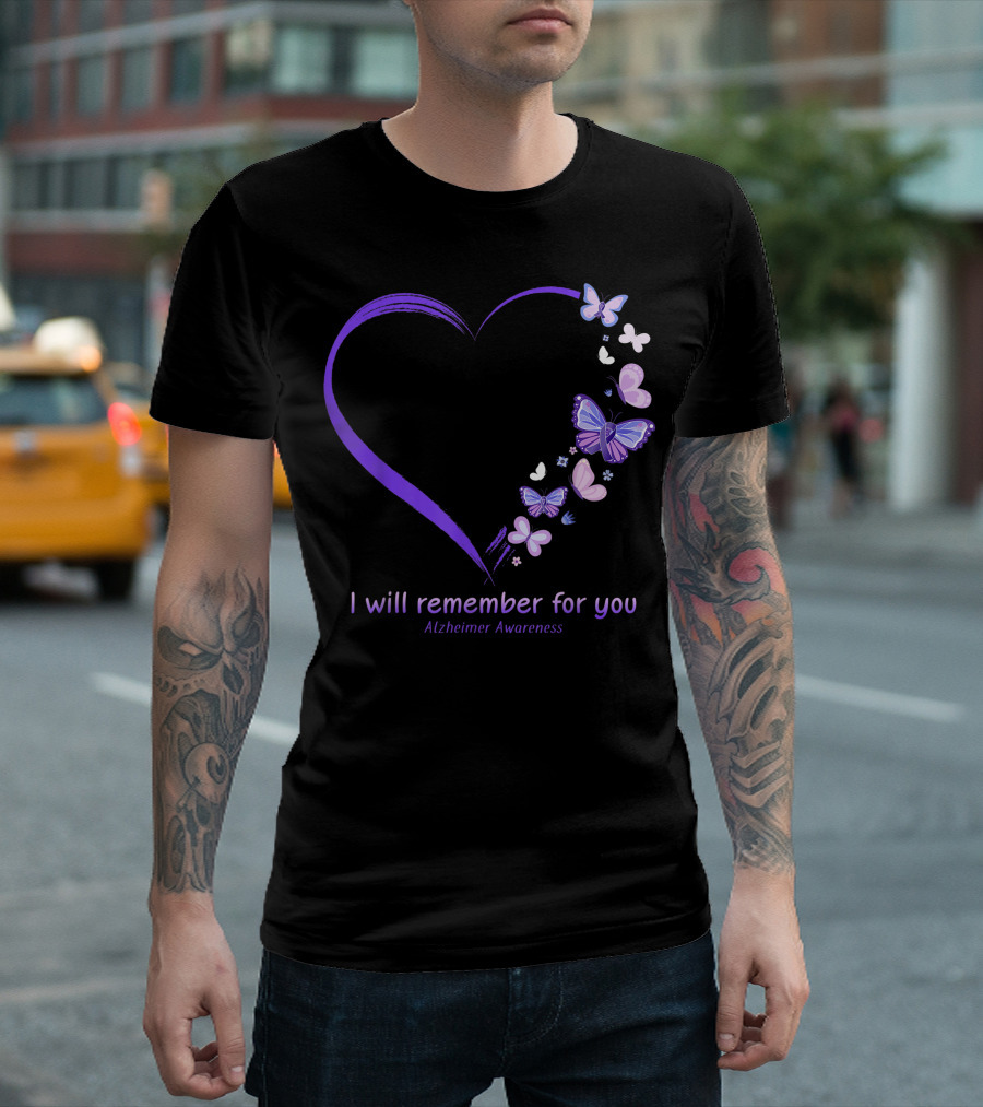 I Will Remember For You Purple Heart Butterfly Alzheimer's Awareness T-Shirt