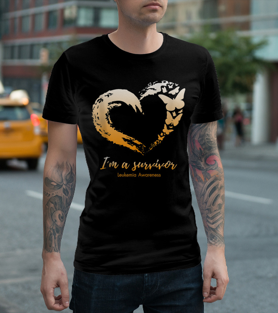 I'm A Survivor Leukemia Awareness Orange Ribbon Heart Butterfly T-Shirt