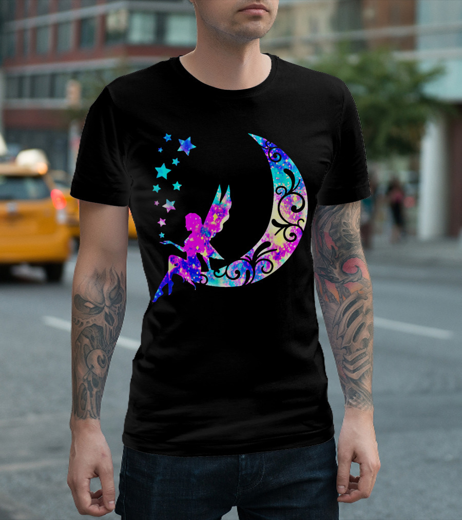 Magical Fairy On Crescent Moon With Stars And Swirls Making Dreams Come True T-Shirt