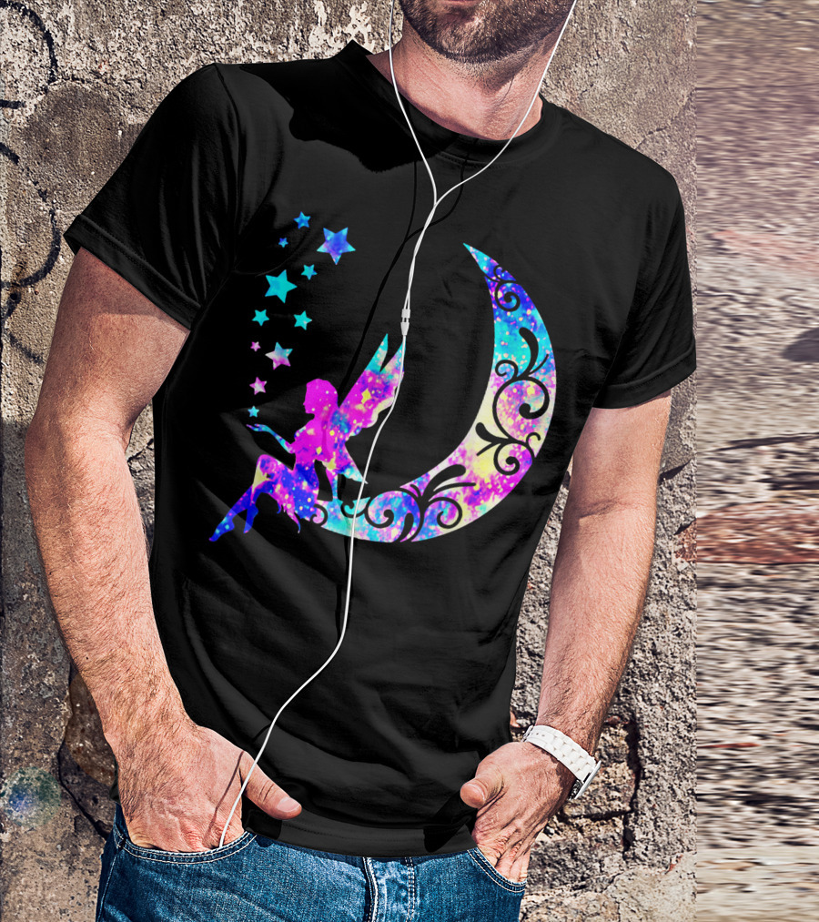 Magical Fairy On Crescent Moon With Stars And Swirls Making Dreams Come True T-Shirt
