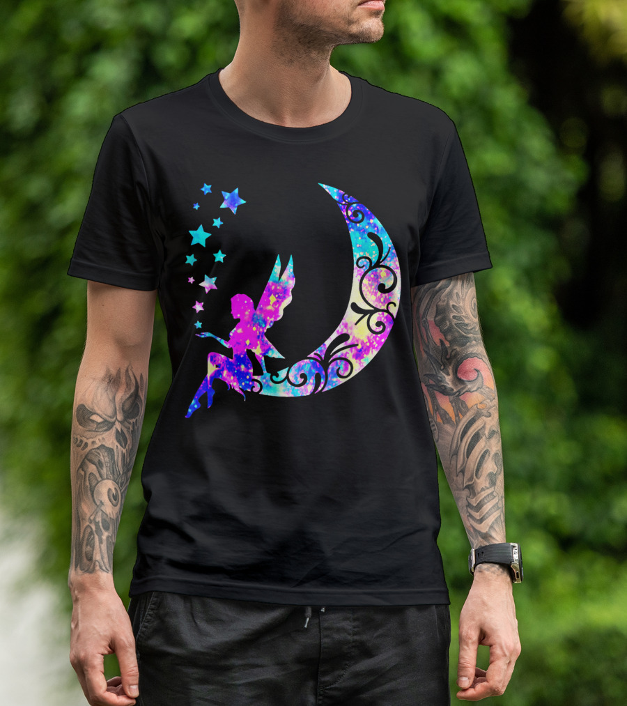 Magical Fairy On Crescent Moon With Stars And Swirls Making Dreams Come True T-Shirt