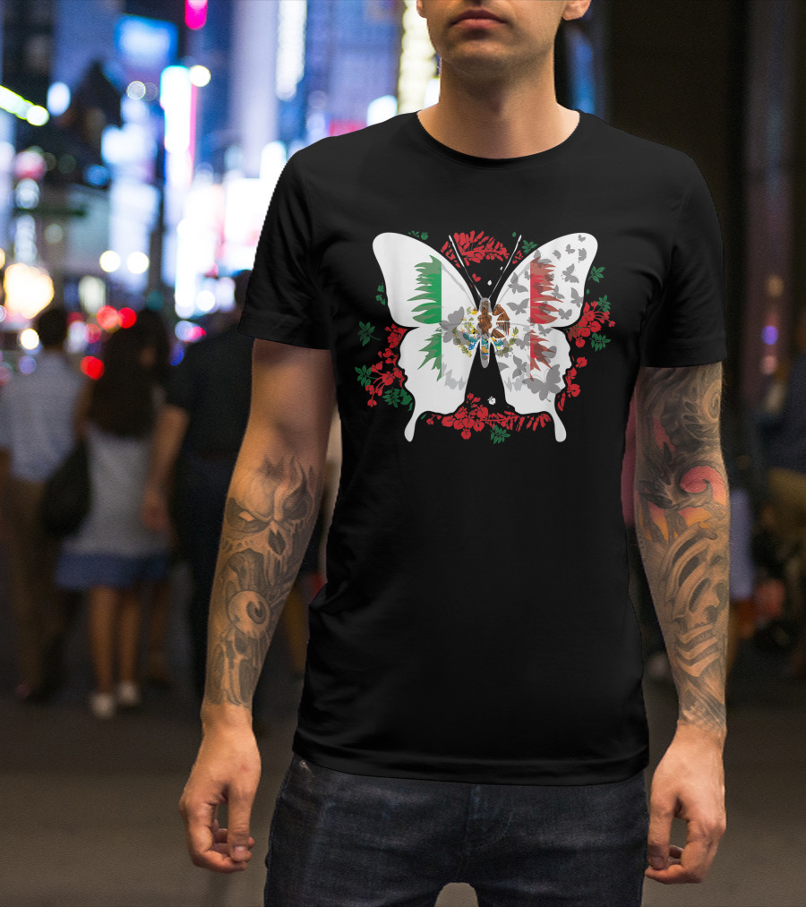 Mexican Flag Butterfly With Traditional Floral Silhouette Elements For Mexicans T-Shirt