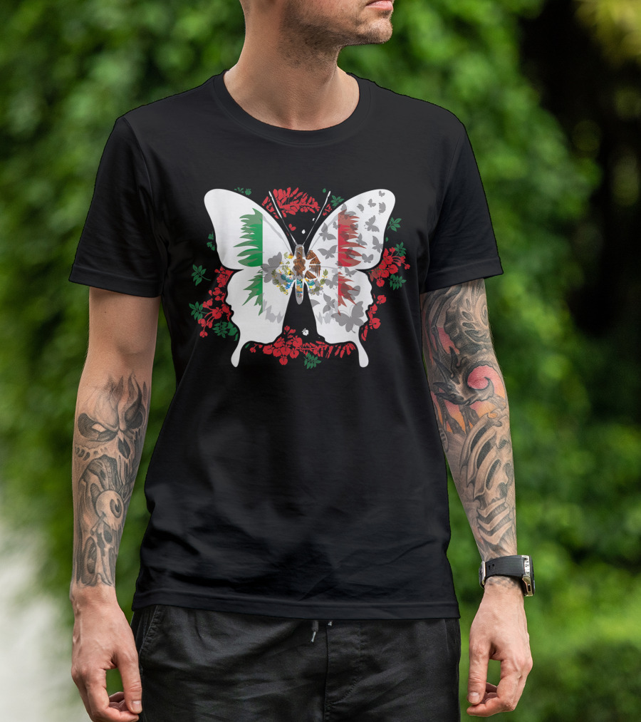 Mexican Flag Butterfly With Traditional Floral Silhouette Elements For Mexicans T-Shirt