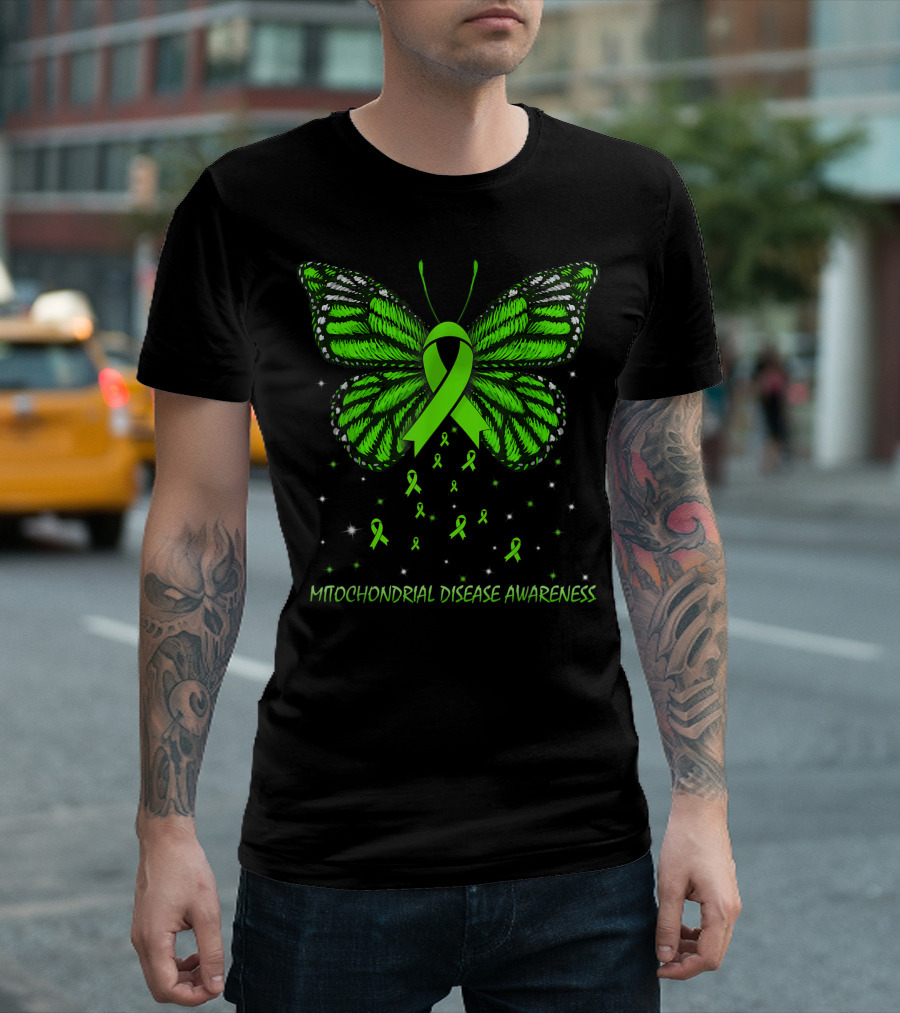 Mitochondrial Disease Awareness Butterfly Green Ribbon Star Accents T-Shirt