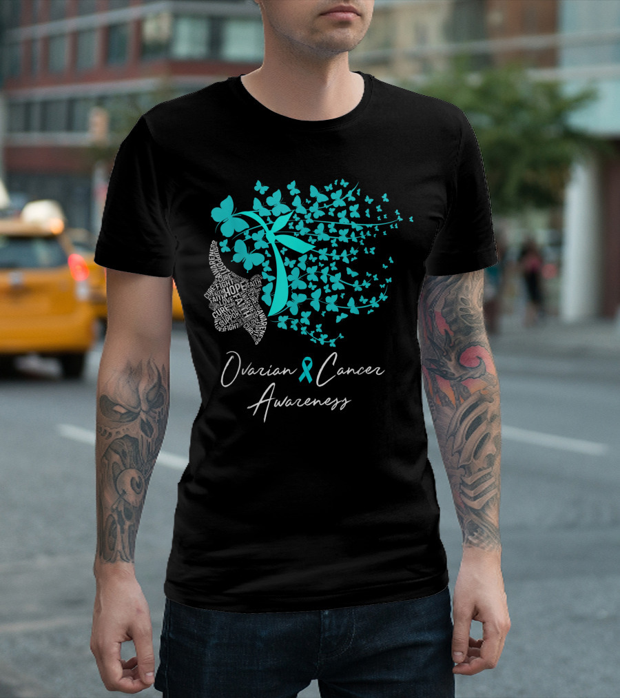 Ovarian Cancer Awareness Teal Ribbon Butterflies Hope Cure Faith T-Shirt