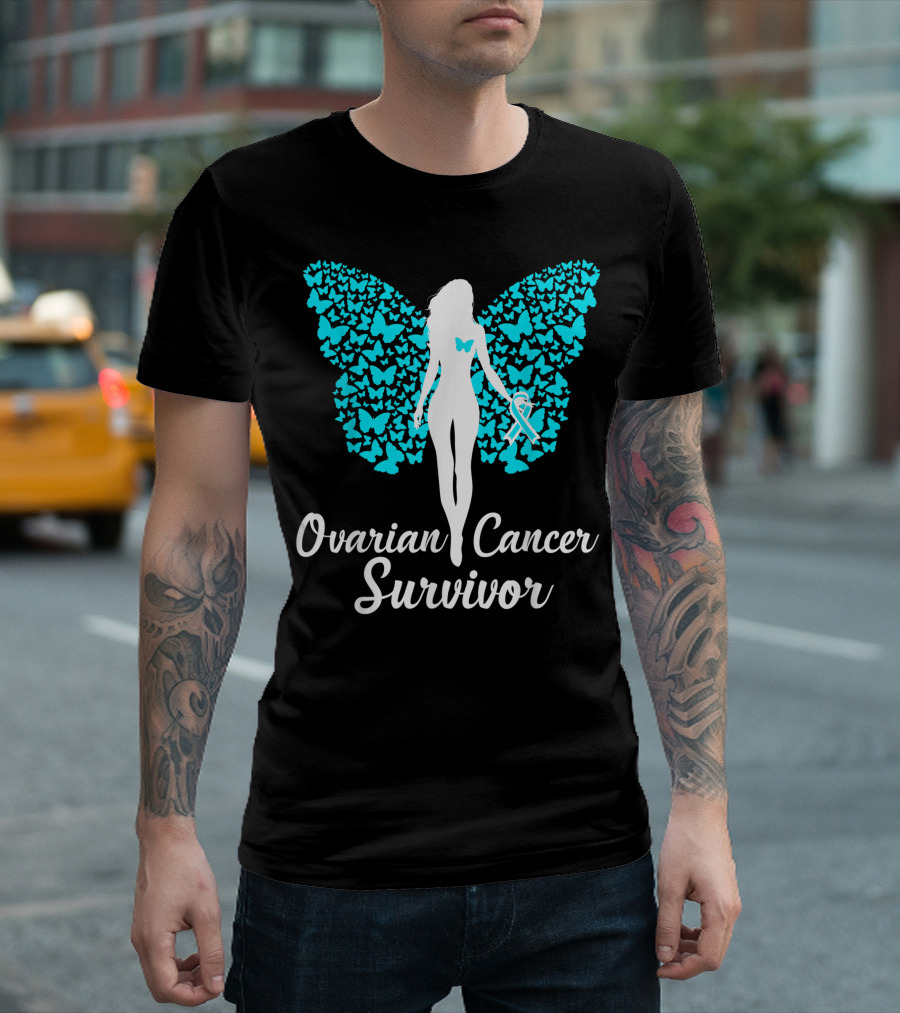 Ovarian Cancer Survivor Butterfly Ribbon Awareness Teal T-Shirt