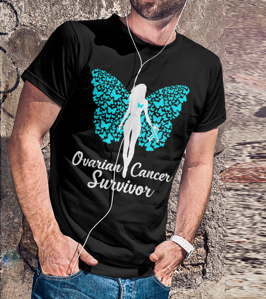 Ovarian Cancer Survivor Butterfly Ribbon Awareness Teal T-Shirt