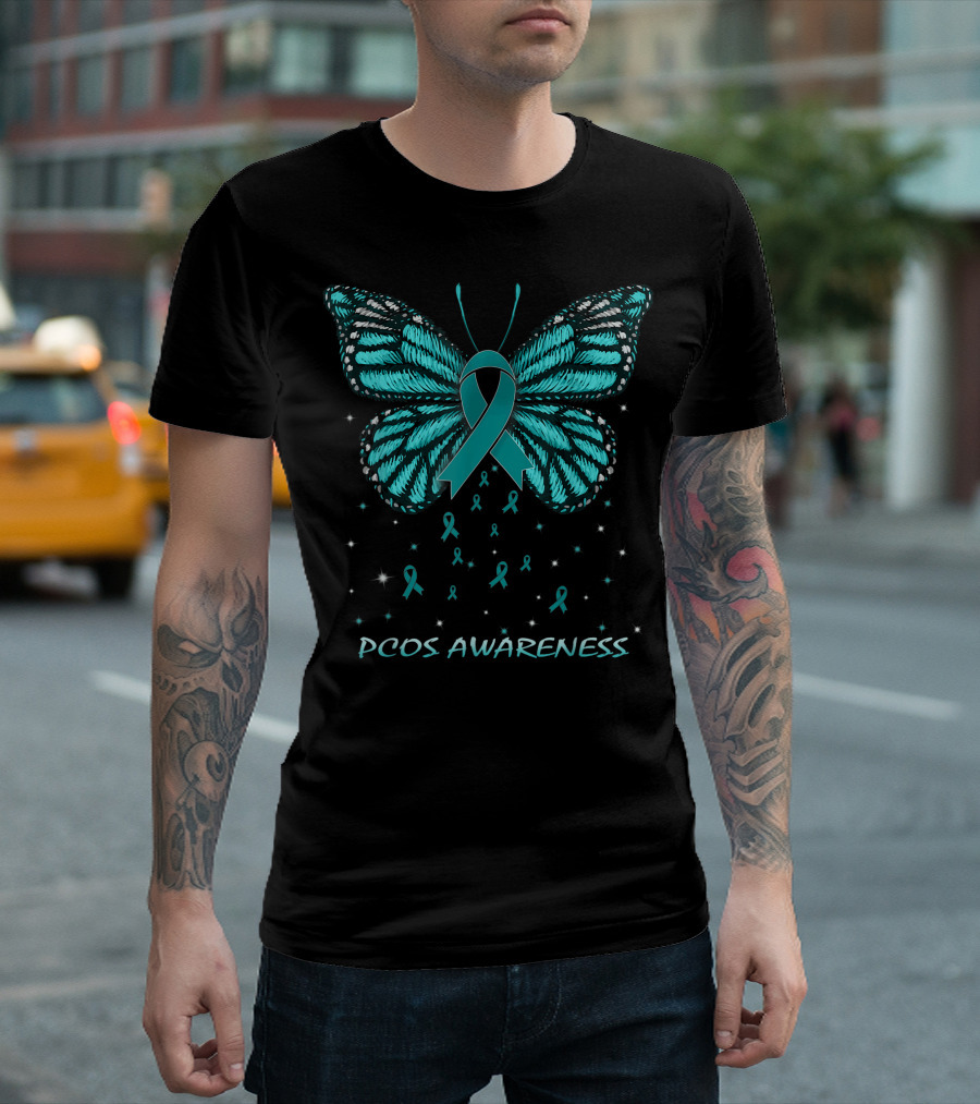 PCOS Awareness Teal Ribbon Butterfly T-Shirt