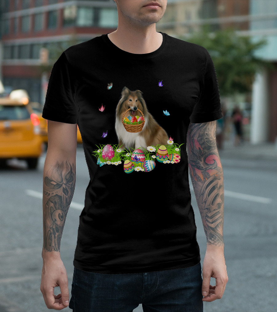 Rough Collie Bunny Dog Easter Eggs Basket with Butterflies T-Shirt