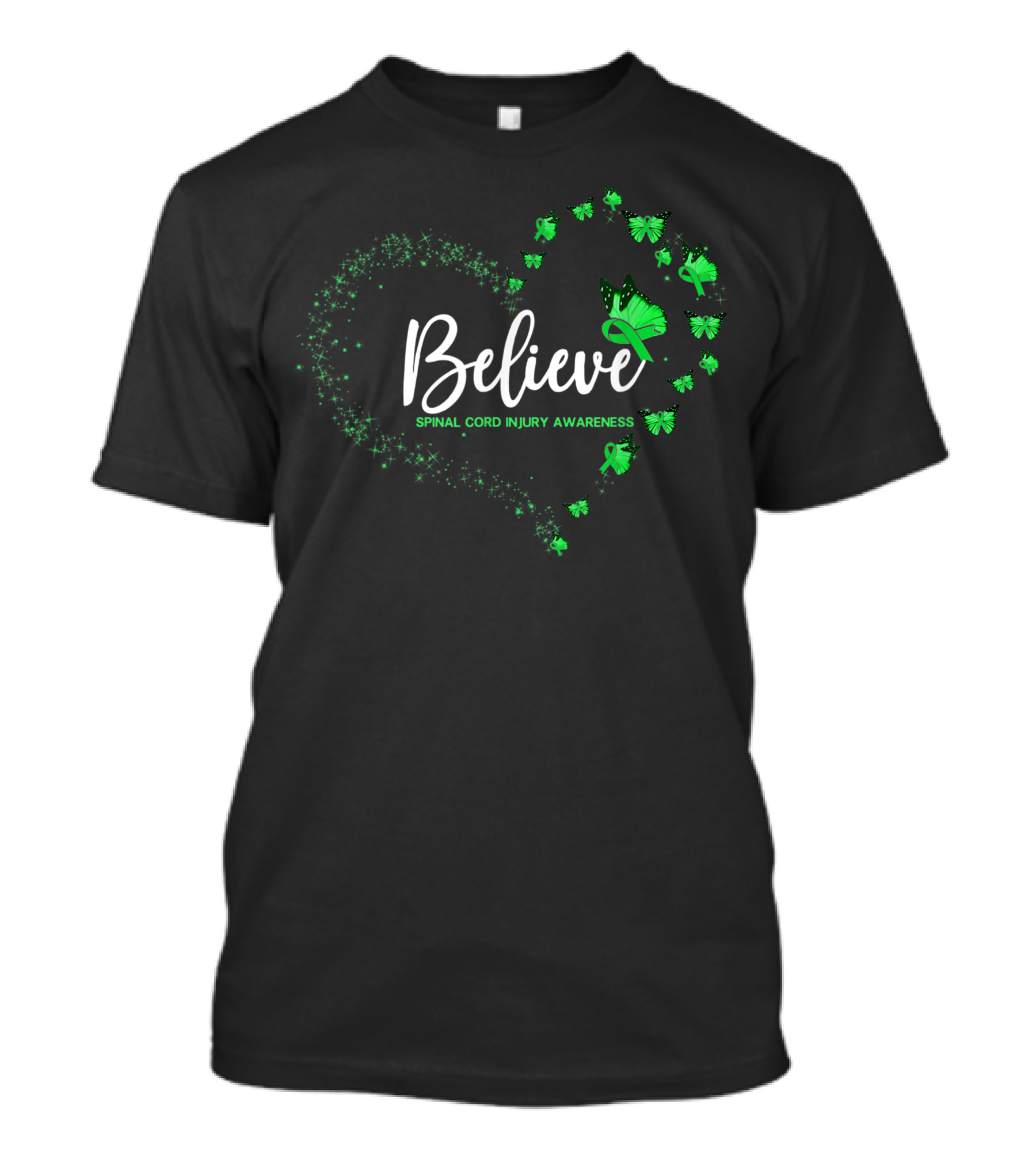 Believe Spinal Cord Injury Awareness Green Butterfly Ribbon Heart T-Shirt
