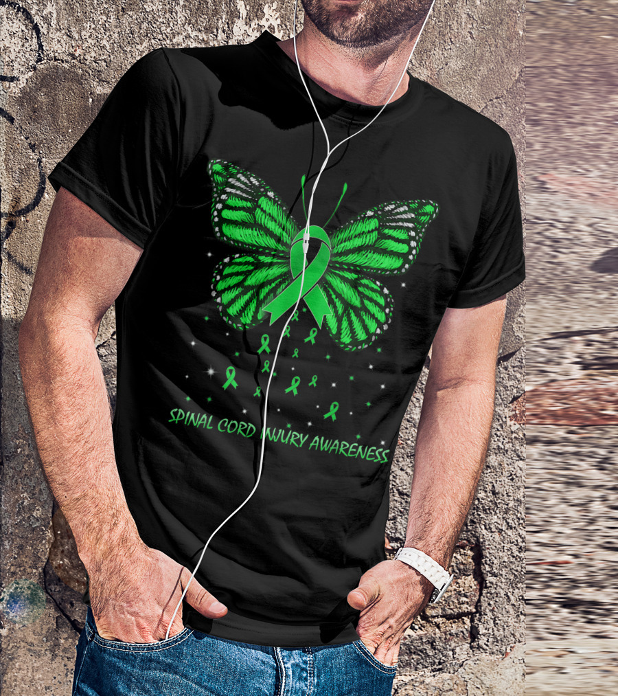 Spinal Cord Injury Awareness Green Ribbon Butterfly T-Shirt
