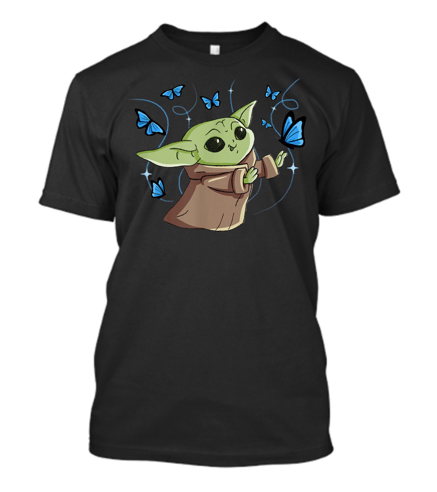 Star Wars The Mandalorian The Child Blue Butterflies Whimsical Scene T-Shirt