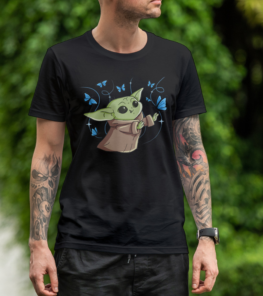 Star Wars The Mandalorian The Child Blue Butterflies Whimsical Scene T-Shirt