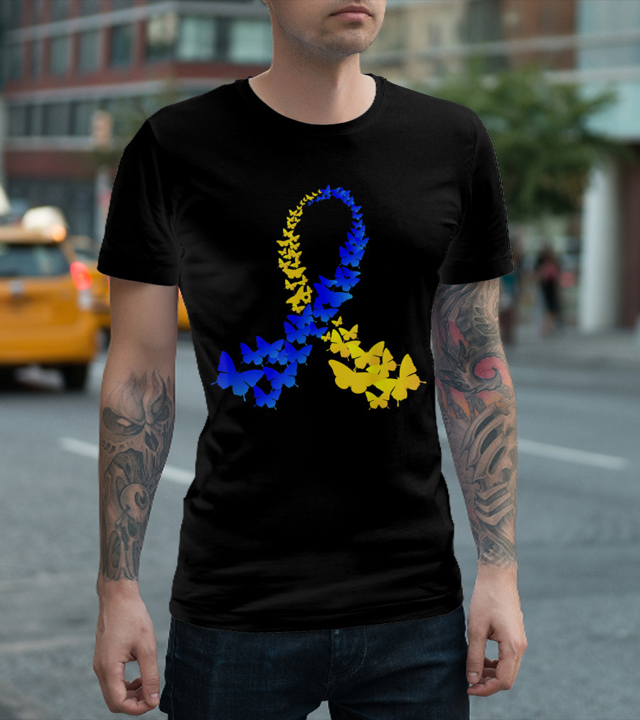 T21 Butterfly Blue Yellow Ribbon World Down Syndrome Day T-Shirt