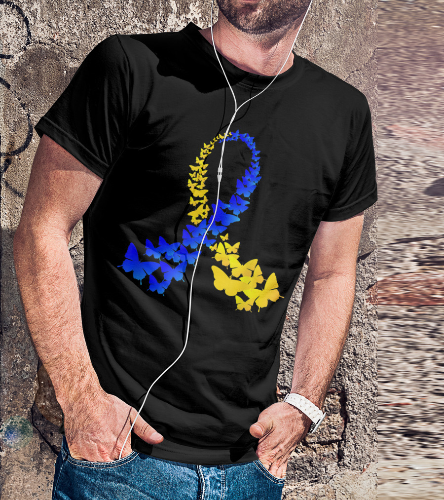 T21 Butterfly Blue Yellow Ribbon World Down Syndrome Day T-Shirt
